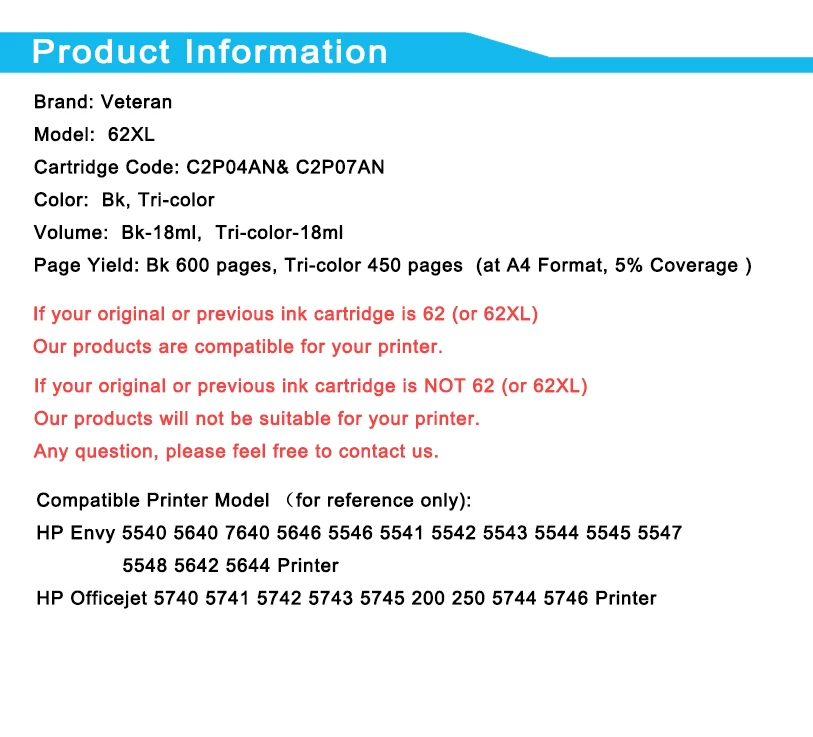 Ветеран 62XL заправленный чернильный картридж Замена для hp 62 XL hp 62 для hp Envy 5640 OfficeJet 200 250 5540 5740 5542 7640 принтер