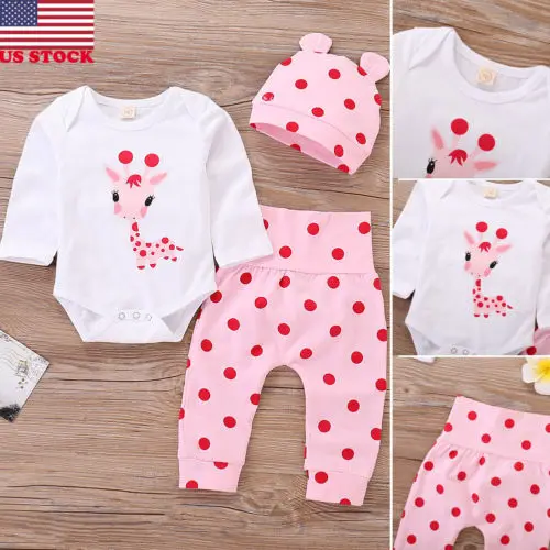 

Autumn Hot Sell 3pcs Newborn Baby Girls Cartoon Print Long Sleeve Bodysuit Tops +Dot Long Pants Cute Casual Outfits Set Clothes