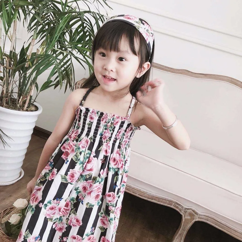 Детская летняя одежда, модное платье для девочек в Вертикальную Полоску с цветочным принтом, хлопковое платье на бретельках, платья для маленьких девочек, 2 стиля