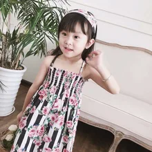 Детская летняя одежда, модное платье для девочек в Вертикальную Полоску с цветочным принтом, хлопковое платье на бретельках, платья для маленьких девочек, 2 стиля