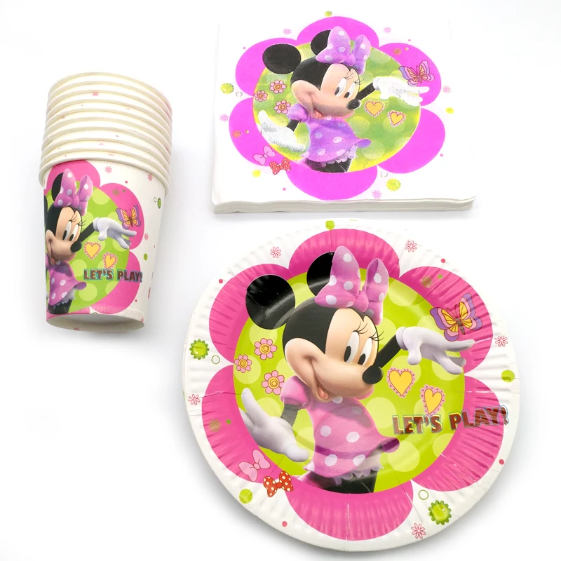 

60PCS Birthday Events Party Decorate Baby Shower Tableware Minnie Theme Cups Napkins Plates Towels Kids Boys Favors Dishes Glass
