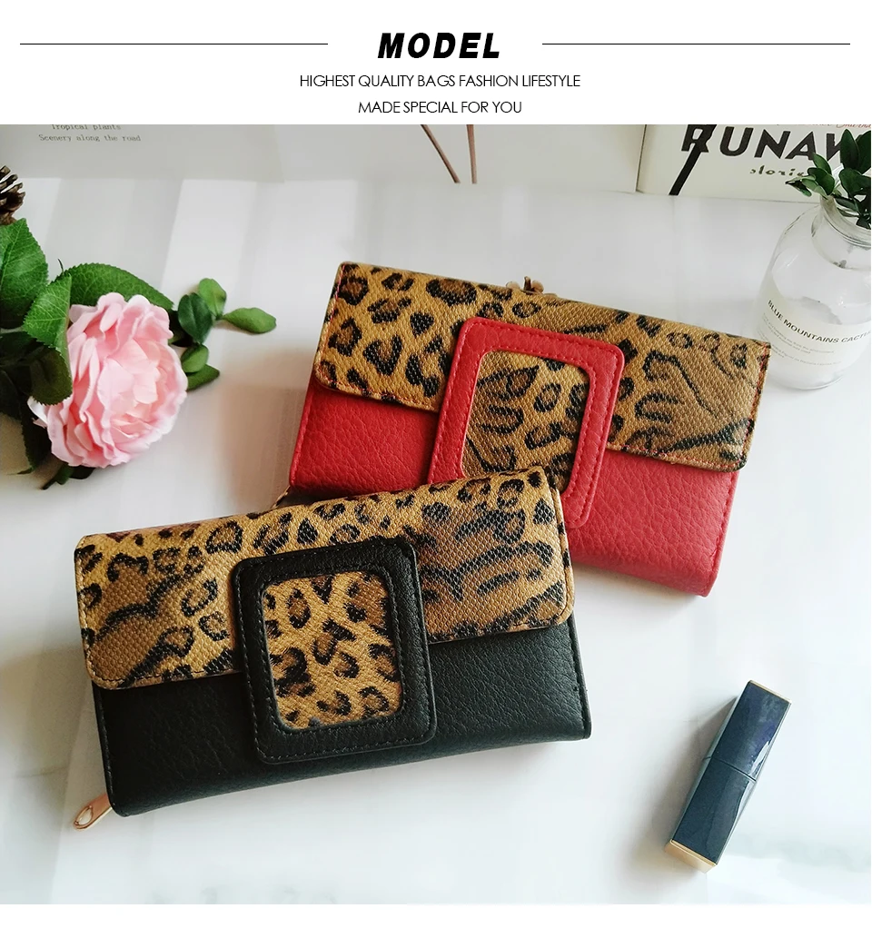 AFKOMST Leopard Women Wallet Long Luxury Solid Coin Purse Credit Card Holder High Quality Clutch Money Bag Walle VKP1524