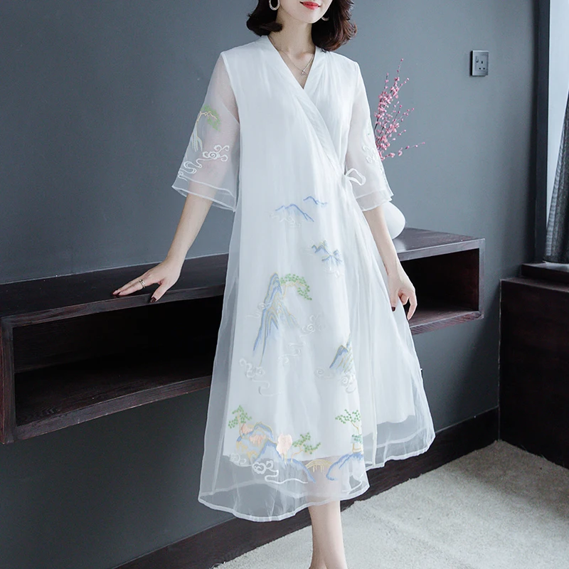 

Summer Dress Women Casual 3/4 Sleeve V Neck Ladies Vintage Floral Embroidery Sundress Female Vestidos