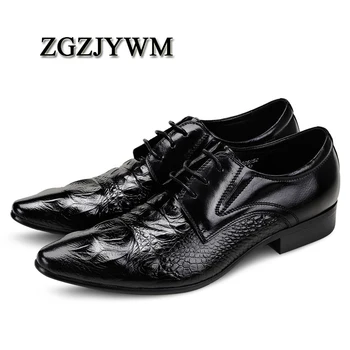 

ZGZJYWM New Breathable Black/Brown/Red Loafers Dress Genuine Leather Crocodile Style Lace-Up Pointed Toe Wedding Business Shoes