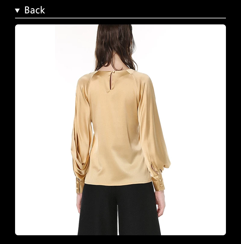 Дворцовый стиль, золотые винтажные Женские топы и блузки из натурального шелка, сатиновая шелковая рубашка с рукавами-фонариками, топы, camisa blusa feminina LT1978