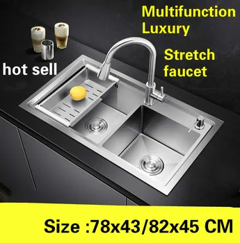 Best Free Shipping Apartment Luxury Kitchen Manual Sink Double Groove Stretch Faucet 304 Stainless Steel Hot Sell 780x430/820x450 MM