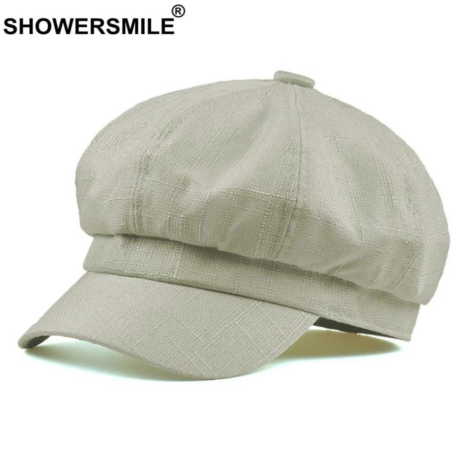 SHOWERSMILE, летняя кепка Newsboy, женская, хлопок, лен, кепка Newsboy, мужская, одноцветная, бежевая, регулируемая, дышащая, Гэтсби, восьмиугольная кепка, унисекс