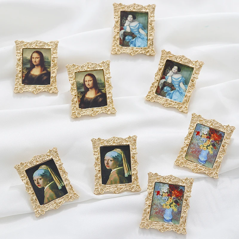 

AENSOA Vintage Famous Oil Paintings Big Stud Earrings Ethnic Jewelry Photo Frame Shape Large Statement Earrings Alloy Earring