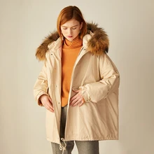 Женские парки, зимняя женская куртка, 90% белый утиный пух, длинная толстая парка с воротником из натурального меха енота, пальто с капюшоном