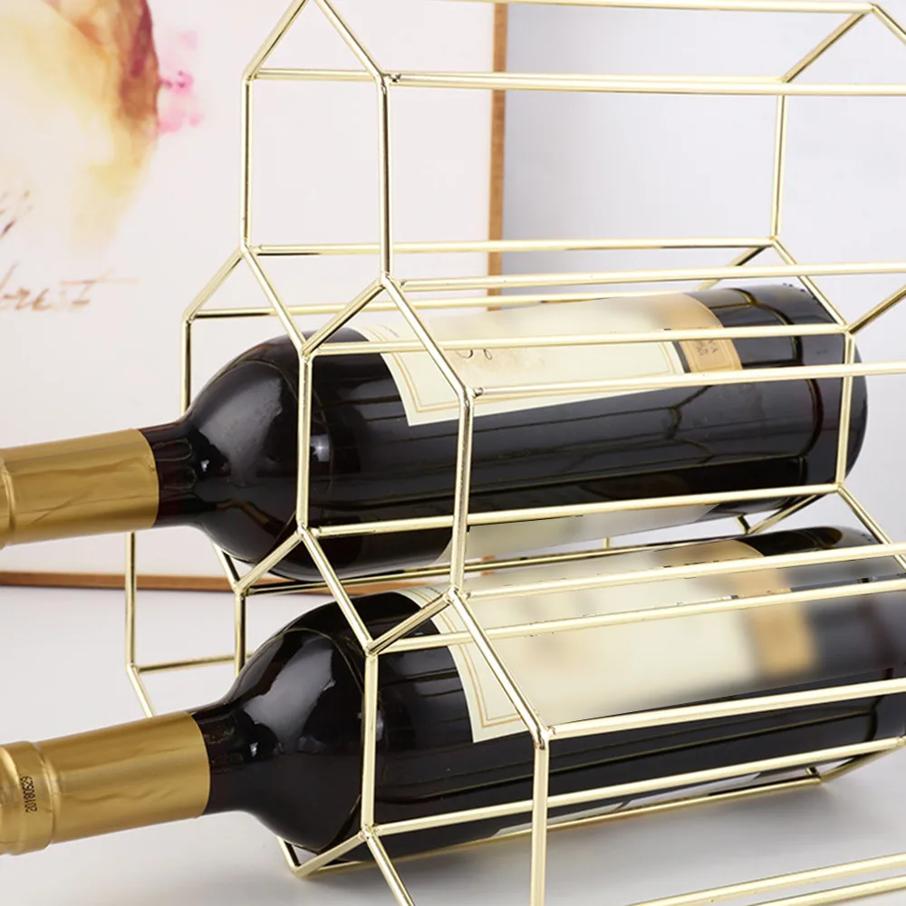 Геометрическая железная винная полка для 6 бутылок, металлическая отдельно стоящая кухонная стойка для хранения, винный шкаф, винная полка, красивая витрина