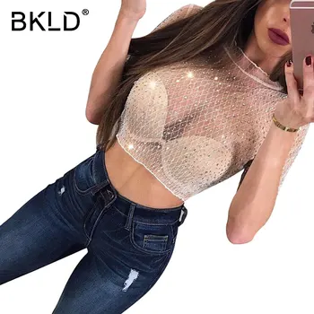 

BKLD 2017 Autumn Women Crop Shirts Diamonds Women Sexy Transparent Blouses Half Sleeve Elegant Black White Sheer Mesh Shiny Tops