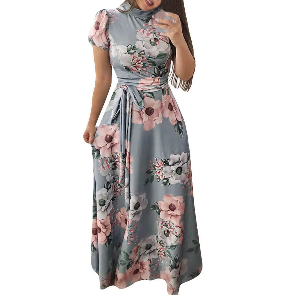 Plus Size Maxi Dress Summer Fashion Turtleneck Short Sleeve Floral Print High Waist Lace Up Belts Long Sundress Vestidos Mujer