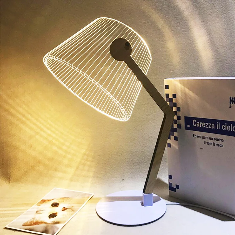

3D Effect Stereo Vision LED Reading Desk Lamp Wood Support Acrylic Lampshade LED Light Living Room BedroomTable Lamp USB Plug