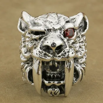 

LINSION 925 Sterling Silver Red CZ Eye Sabretooth Ring Mens Biker Rock Punk Tiger Ring TA17 US Size 7~15
