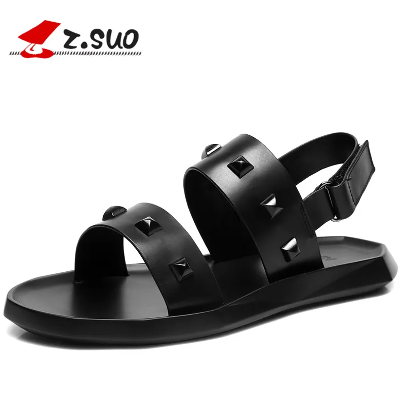 

Z. Suo Men's Leather Sandals 2018 Summer Leisure Fashion Beach Shoes Retro Rome Rivet Flat Slippers Slide Male Footwear 19607