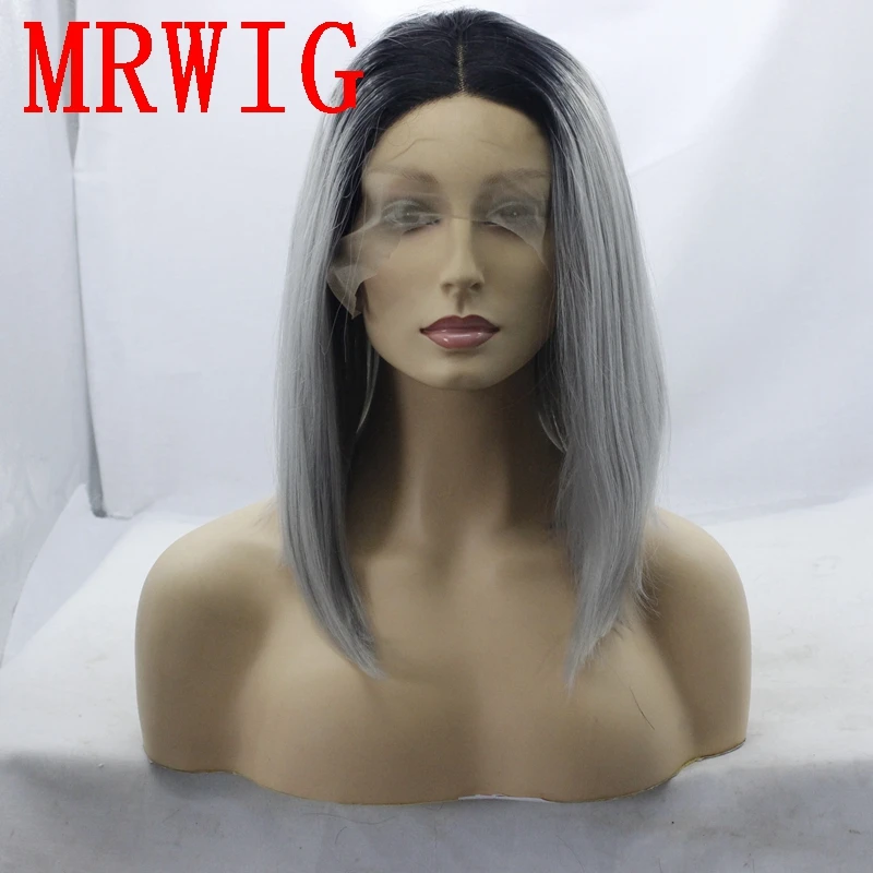 

MRWIG 12in short bob straight synthetic glueless front lace wig middle part short dark roots can heat for lady