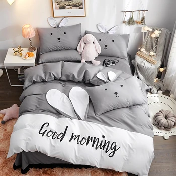 

Cartoon fashion bedding sets bed linen duvet cover flat sheet pillowcase With bunny ears Soft comfortable 4pcs single queen #s