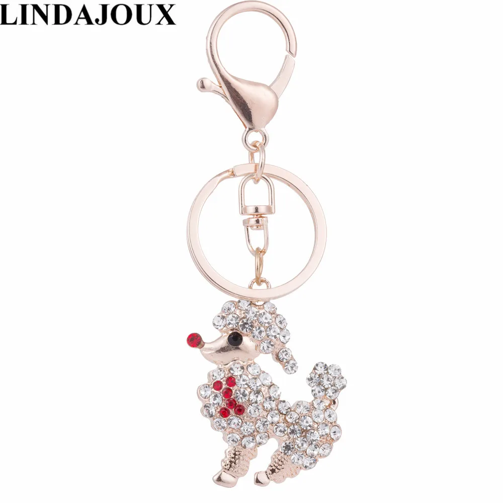 

LINDAJOUX Cute Poodle Dog Rhinestone Pendant Key Chains For Women Animal Car KeyChian Charm Purse Handbag Birthday Gift
