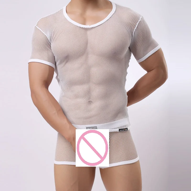 

MANVIEW Men's Sexy Mesh Perspective Tops Transparent Short-sleeve T-shirts manshape Belly shirts pullover