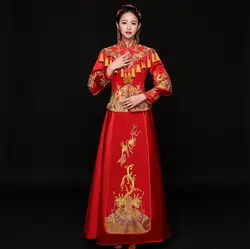 Красный традиционный Show невесты вышивка cheongsam замуж костюмы в китайском стиле торжественный свадебный наряд женские за рубежом китайский