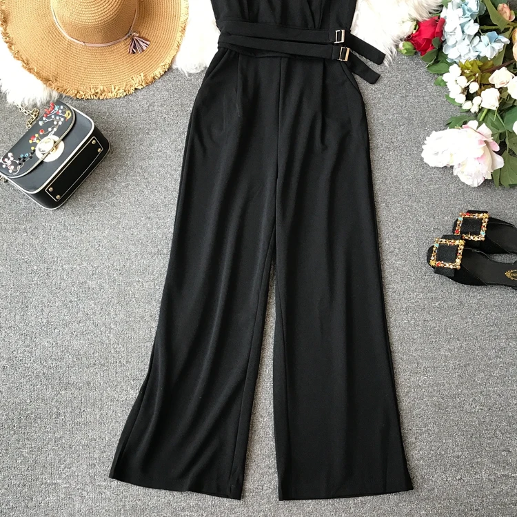 Sleeveless V-neck High Waist Sashes Wide Leg Jumpsuit