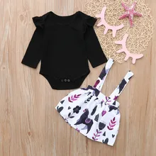 Милая осенняя одежда для маленьких девочек; комплект одежды для маленьких девочек; топы с длинными рукавами и круглым вырезом; юбка на бретелях с цветочным рисунком; ropa recien nacido