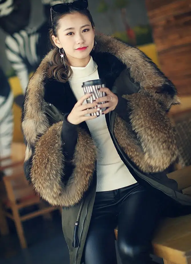 

Women's 2016 New Army Green Thick Parkas Real Raccoon Fur Collar Hooded Rex Rabbit Lining Sheepskin Fur One Lining Winter Jacket