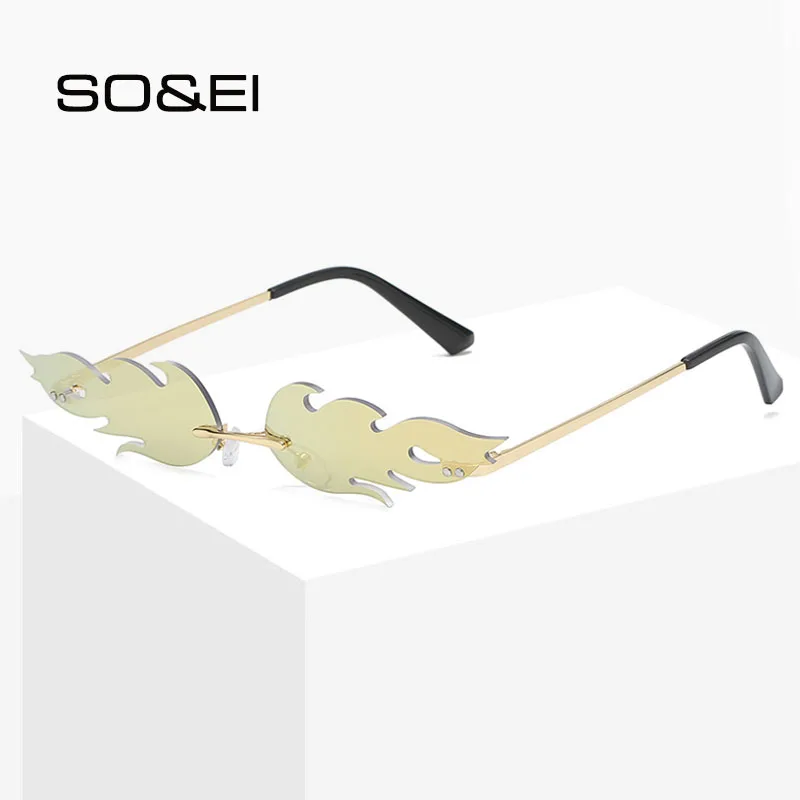 

SO&EI Fashion Shape Flame Shape Sunglasses Women Metal Legs Green Lens Narrow Side Goggles Sunshade UV400 Men UV Sun Glasse