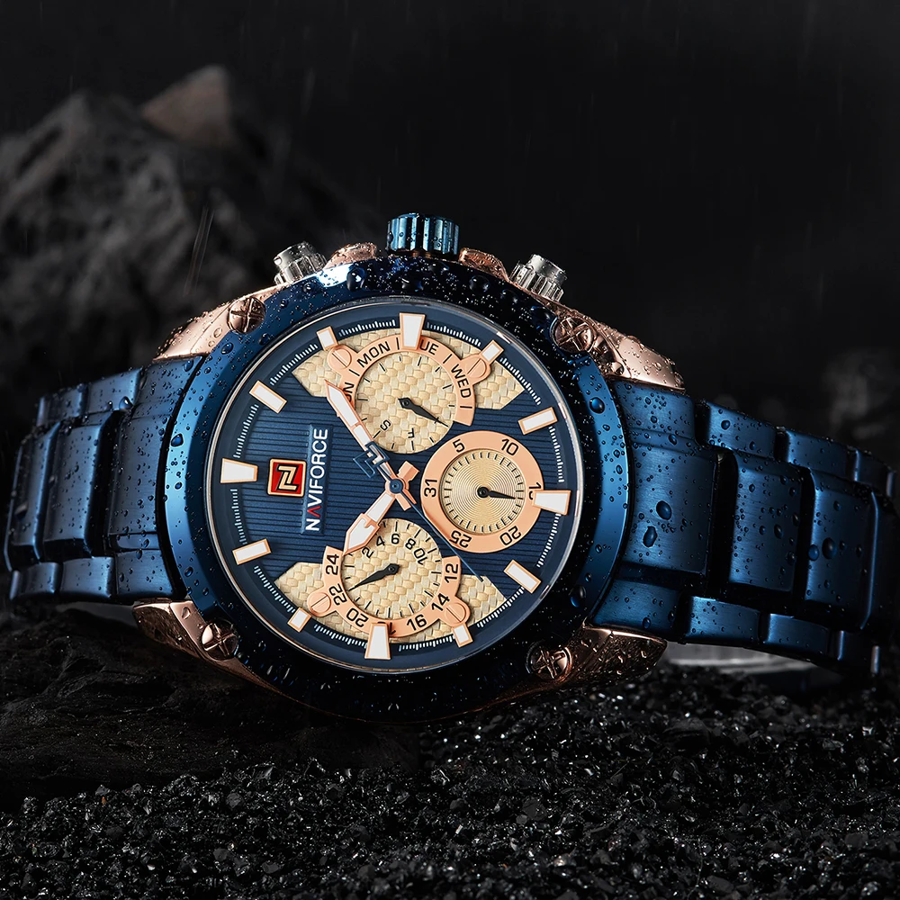 Top Brand NAVIFORCE Luxury Blue Gold Watches Men Fashion Sport Quartz Watches Full Steel Waterproof Watch Relogio Masculino 9113