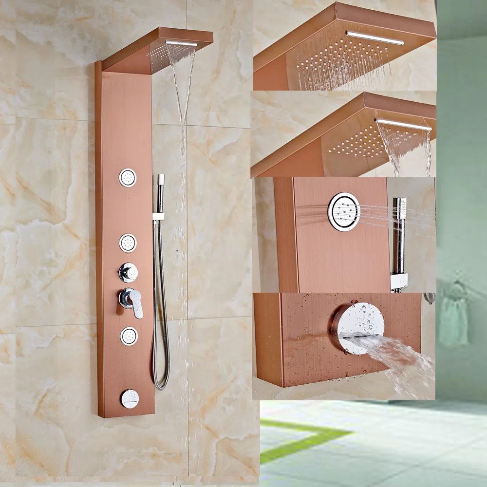 Rose Golden Shower Panel Column Massage Jet Tub Hand Shower Waterfall