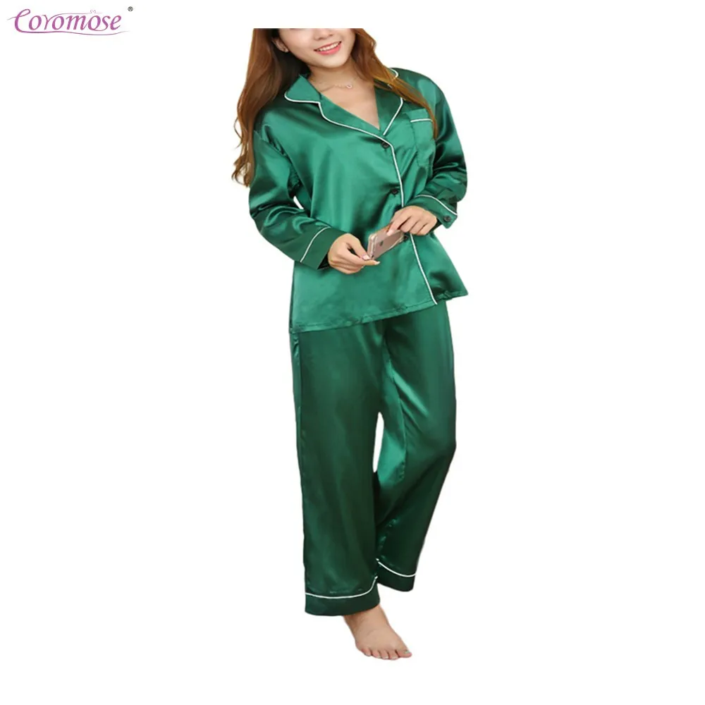 Coromose Autumn Women Satin Pajama Sets Long Sleeve Sleepwear 2 PCS V neck Breathable Pyjamas
