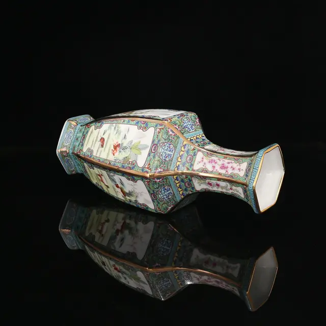 Enamel Ceramic Vase Painting in Qianlong Year Mark Golden Zodiac Hexagonal Vase Antique Porcelain Collection 5