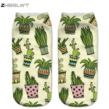 

ZHBSLWT Harajuku Style 3D Printed Women Socks Low Cut Ankle Socks Cactus In Pot Colour Women's Casual Brand Socks -20R