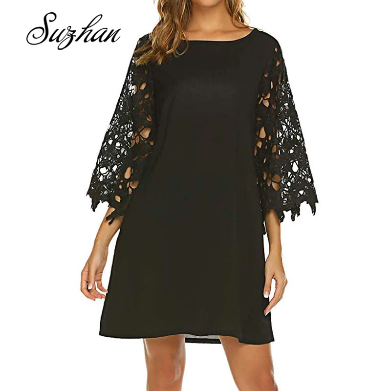 

Suzhan 2019 Plus Size Chiffon Dresses Women Half Sleeve O-Neck Loose Summer Dress Solid Color Dress