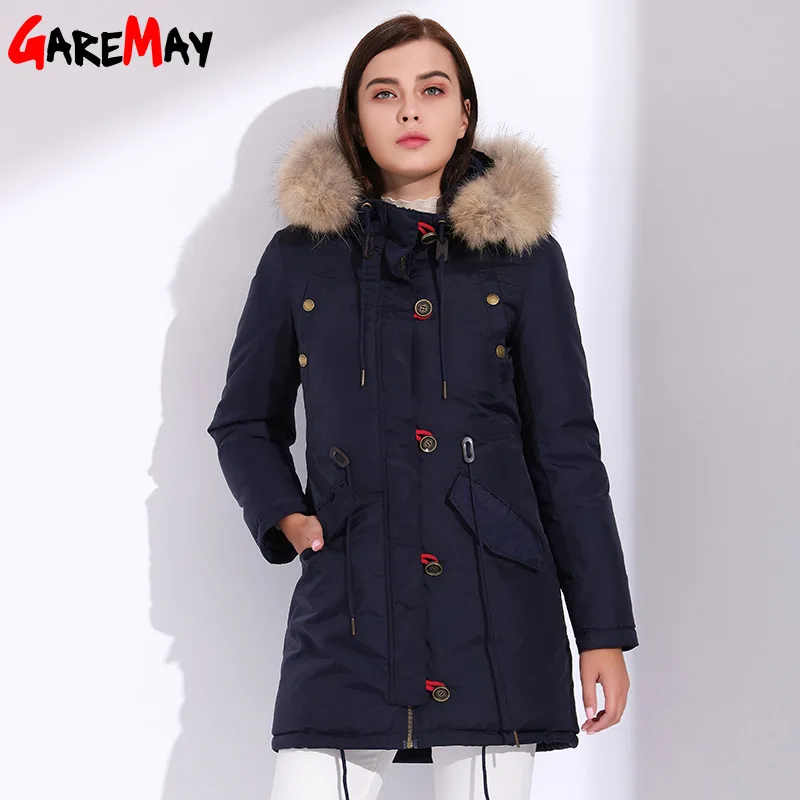 GAREMAY Real Fur Winter Jacket Women Coat Hood Down Cotton Parka Long ...