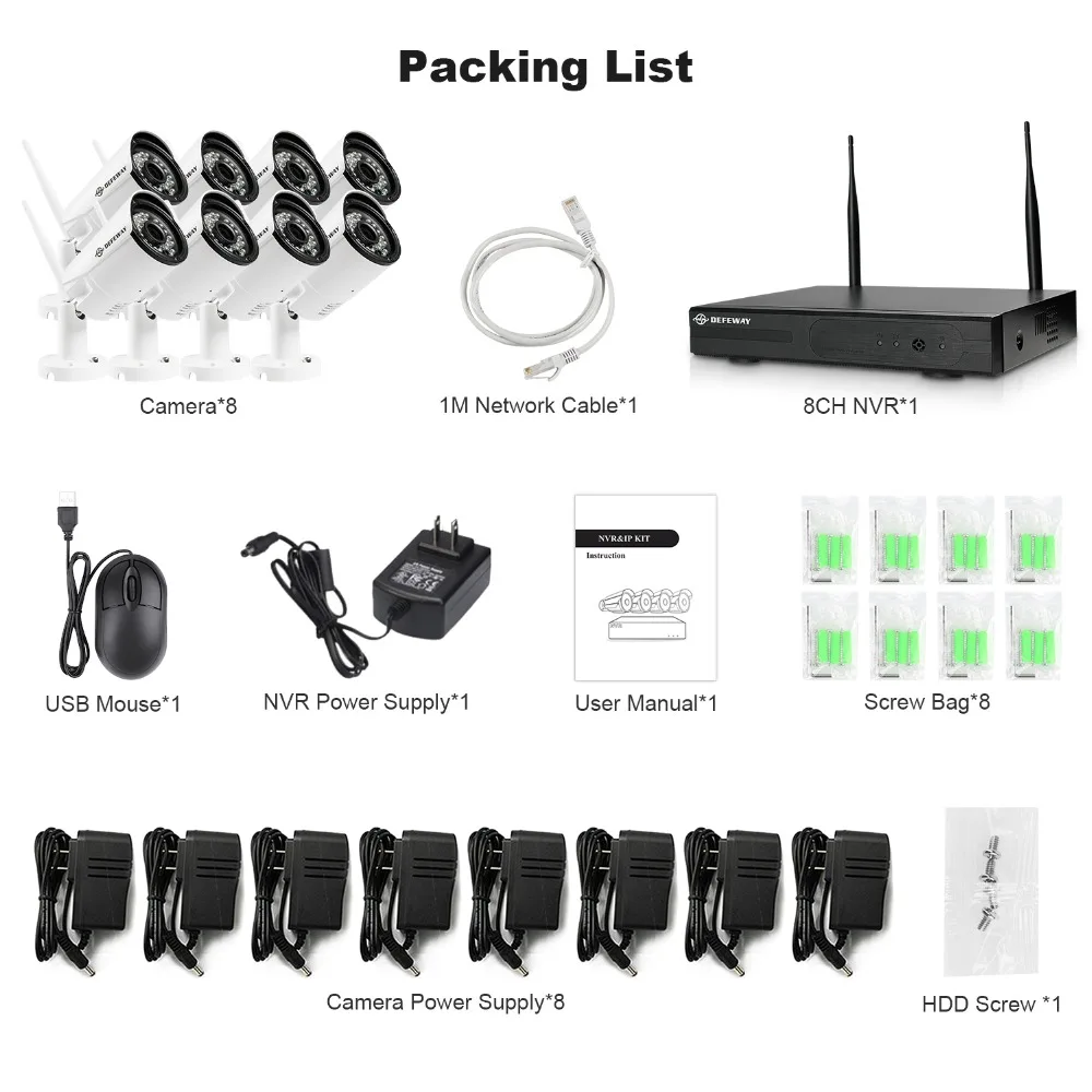 DEFEWAY 1080P H.265+ Wireless CCTV System HD 2MP 8CH NVR IR-CUT Bullet CCTV IP Security System Surveillance Kit with 8 Camera DEFEWAY 1080P H.265+ Wireless CCTV System HD 2MP 8CH NVR IR-CUT Bullet CCTV IP Security System Surveillance Kit with 8 Camera