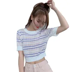 2019 сексуальный топ, женский корейский стиль, Повседневный, с круглым вырезом, в полоску, короткий рукав, тонкий хлопковый топ на бретельках