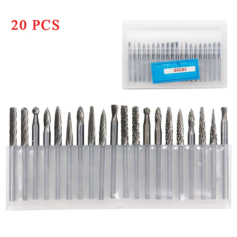 20pcs Solid Carbide Burr Set 3mm shank Tungsten Carbide Rotary Files Burrs Cutting Head diameter Fits Most Rotary Drill Die Grin 8pcs tungsten carbide burrs 8mm rotary burr set 1 4 shank die grinder bit for woodworking engraving drilling carving