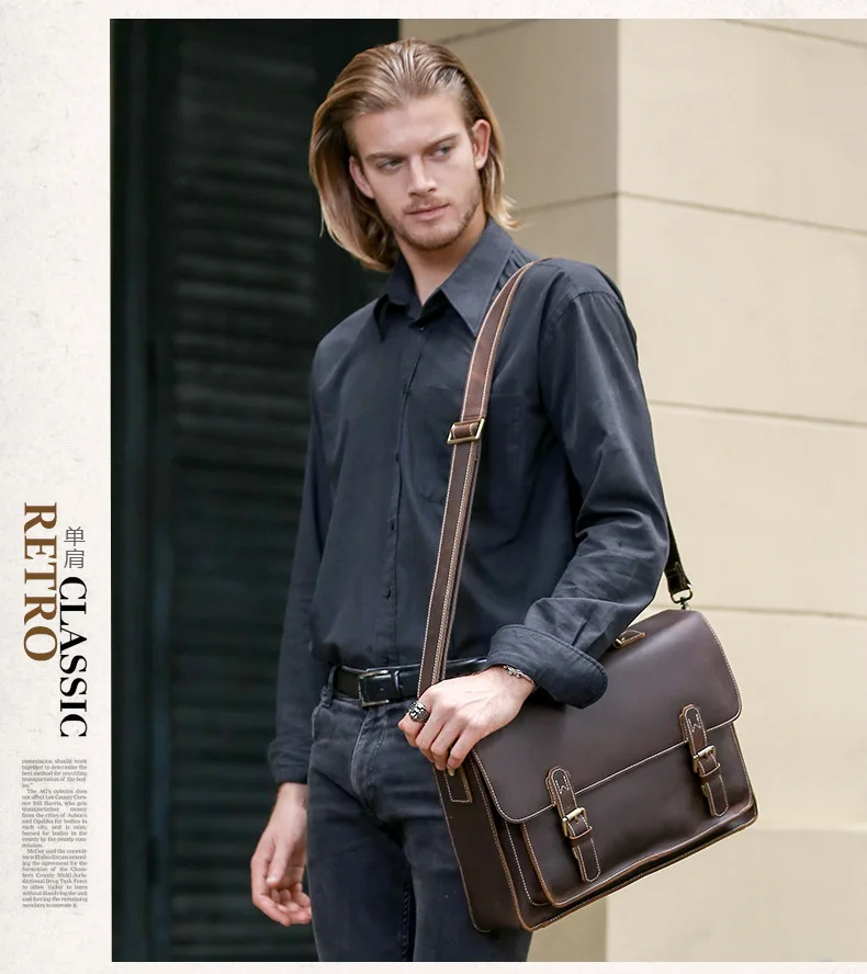 Briefcase Genuine Leather bag man Vintage Zipper Laptop iPad Phone Crossbody Shoulder Bag for Man Case Office Portfolio Handbag