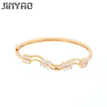 JINYAO Fashion Simple Champagne Gold Color Flowers White Zircon Charm Wrist Bracelet Bangle For Women Wedding Party Jewelry