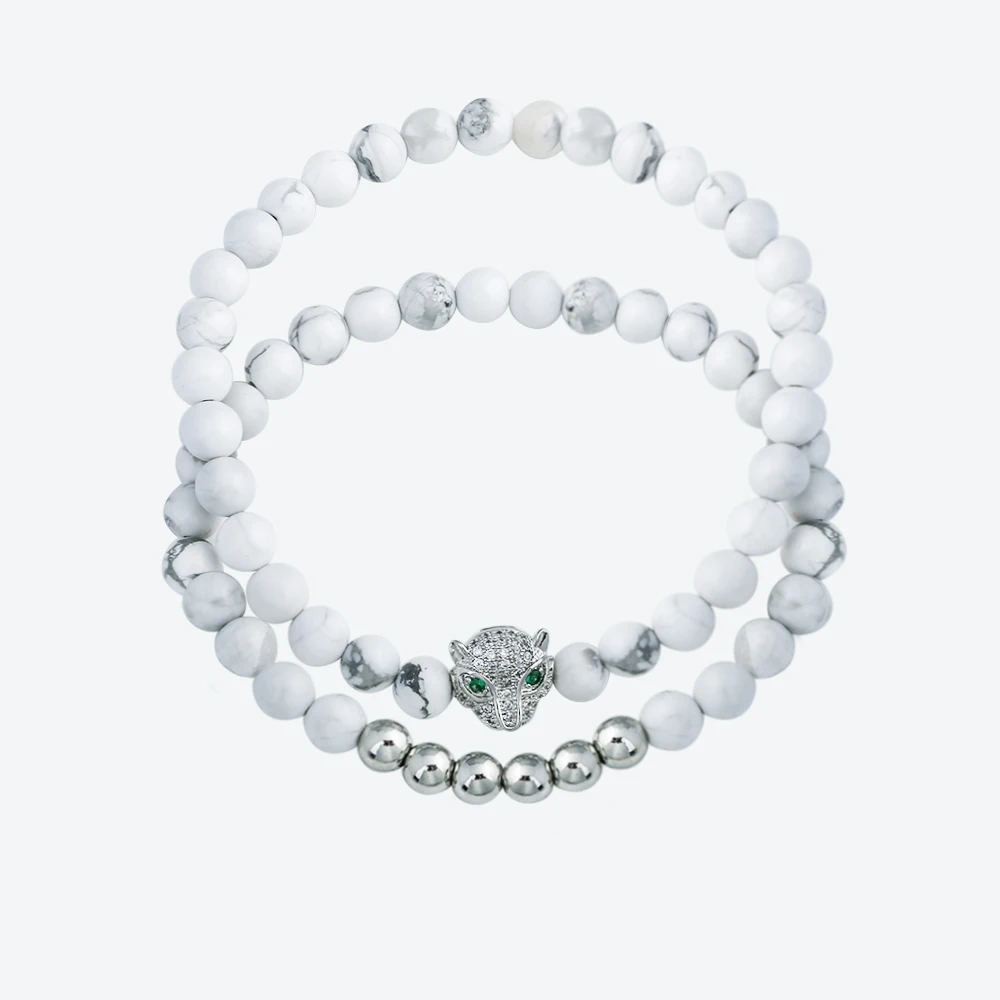 

2PCS 6mm Natural Crack White Stone Handmade Beaded Bracelets Women Metal Rhinestone Tiger Head Charm Bracelets DIY Jewelry