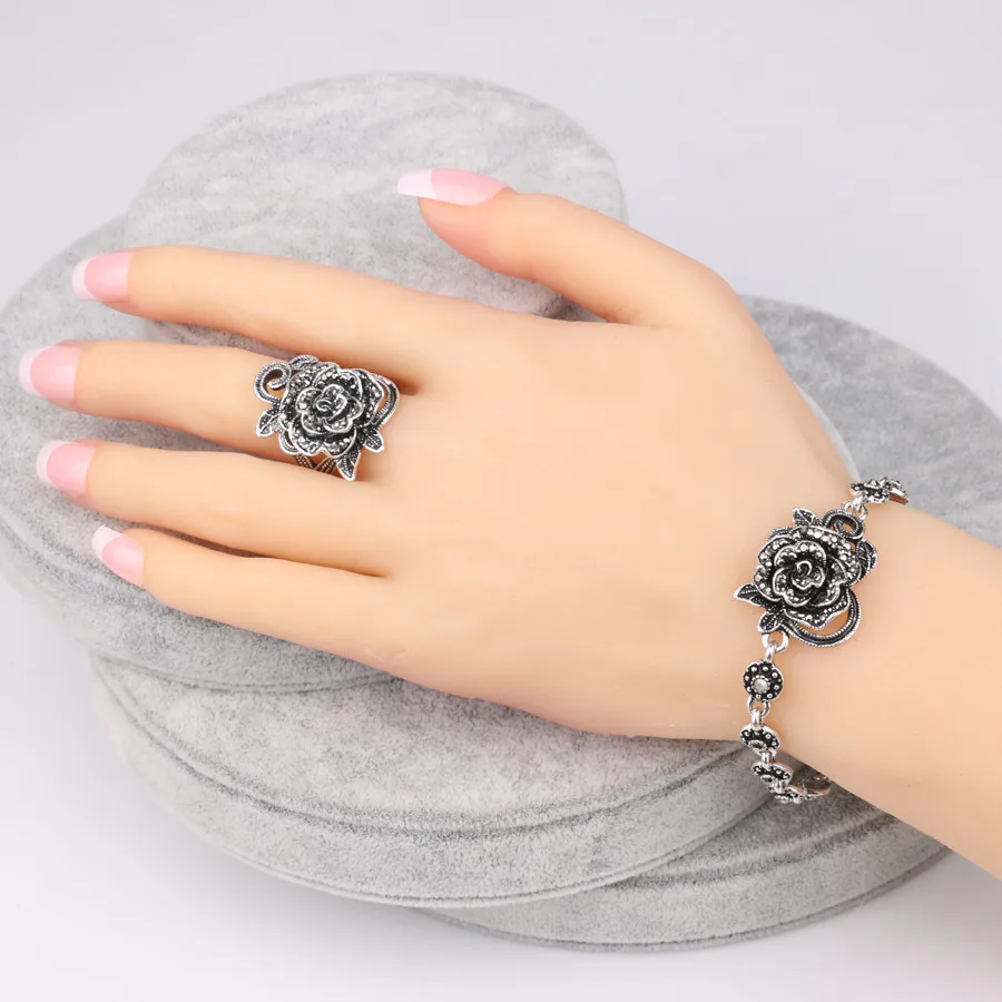 Kinel Hot Grey Crystal Roses Jewelry Set For Women Tibetan Silver Ring Necklace Earrings Bracelet Vintage Wedding Jewelry Sets - Image 4