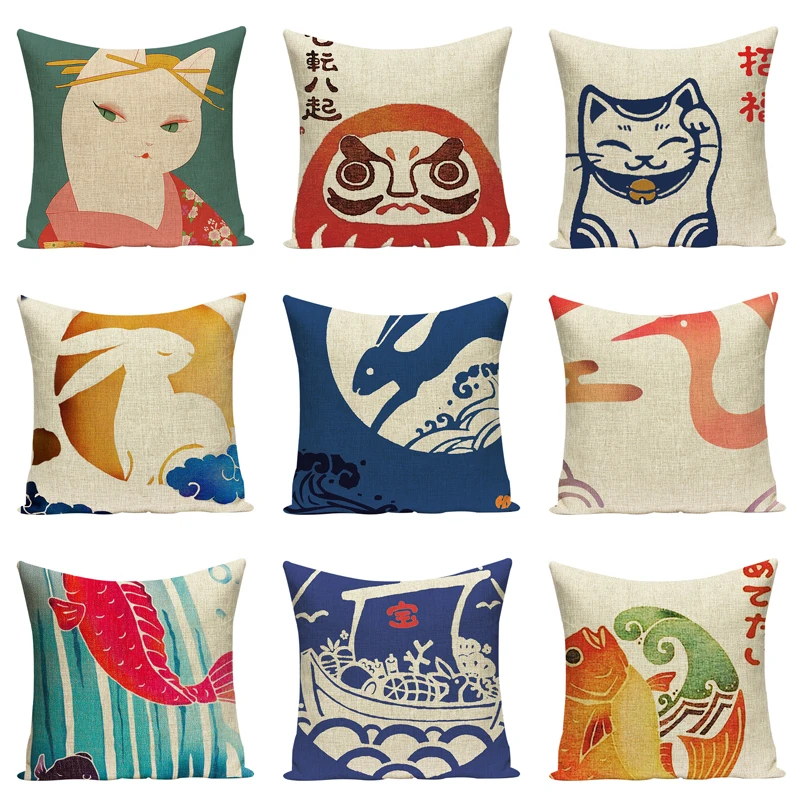 Наволочка для подушки с рисунком кота из мультфильма, уличные подушки высокого качества, льняные японские наволочки, декоративная наволочка на заказ