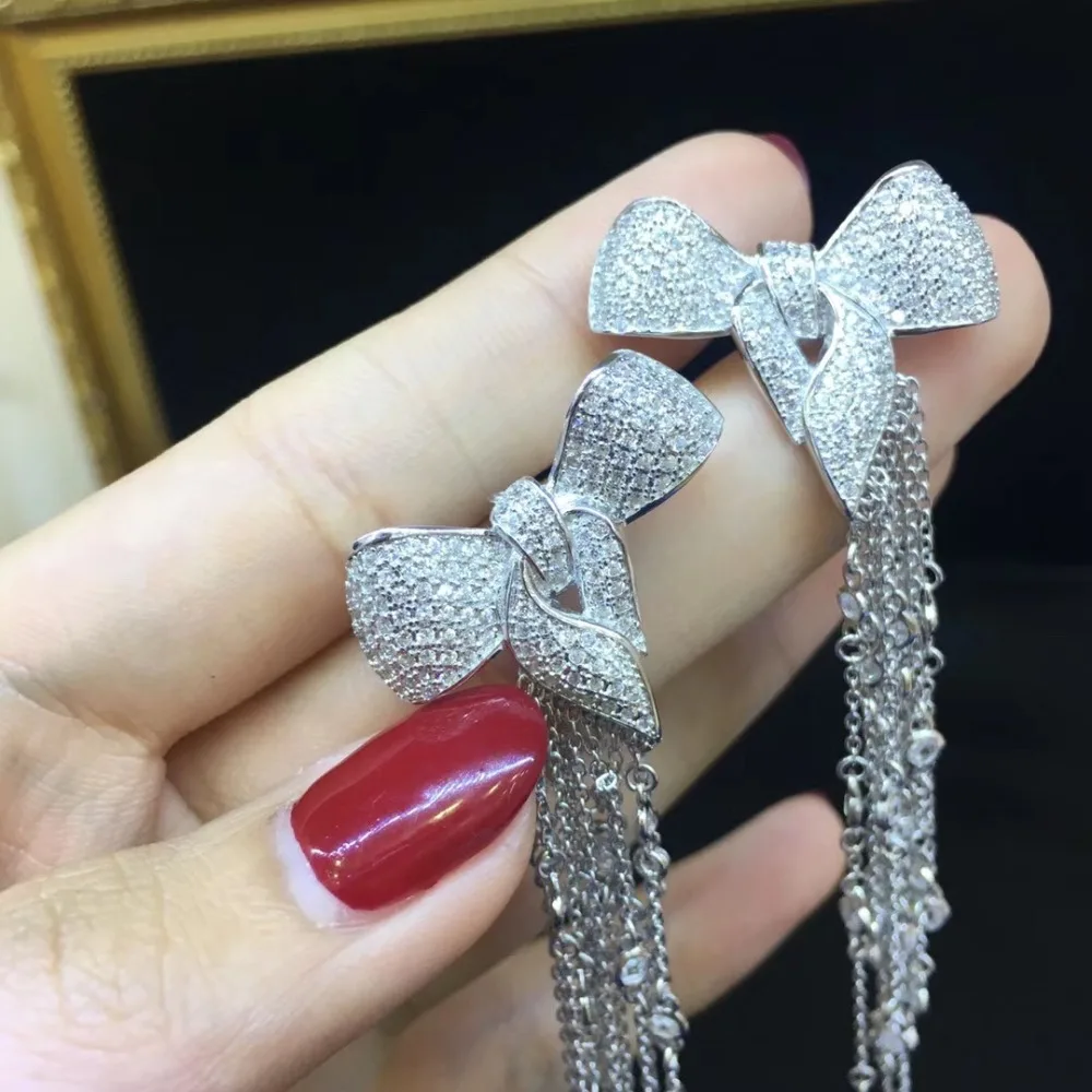 925 стерлингового серебра с фианит бантом Стад Серьги длинные кисточки Blingbling Женская мода ювелирные изделия