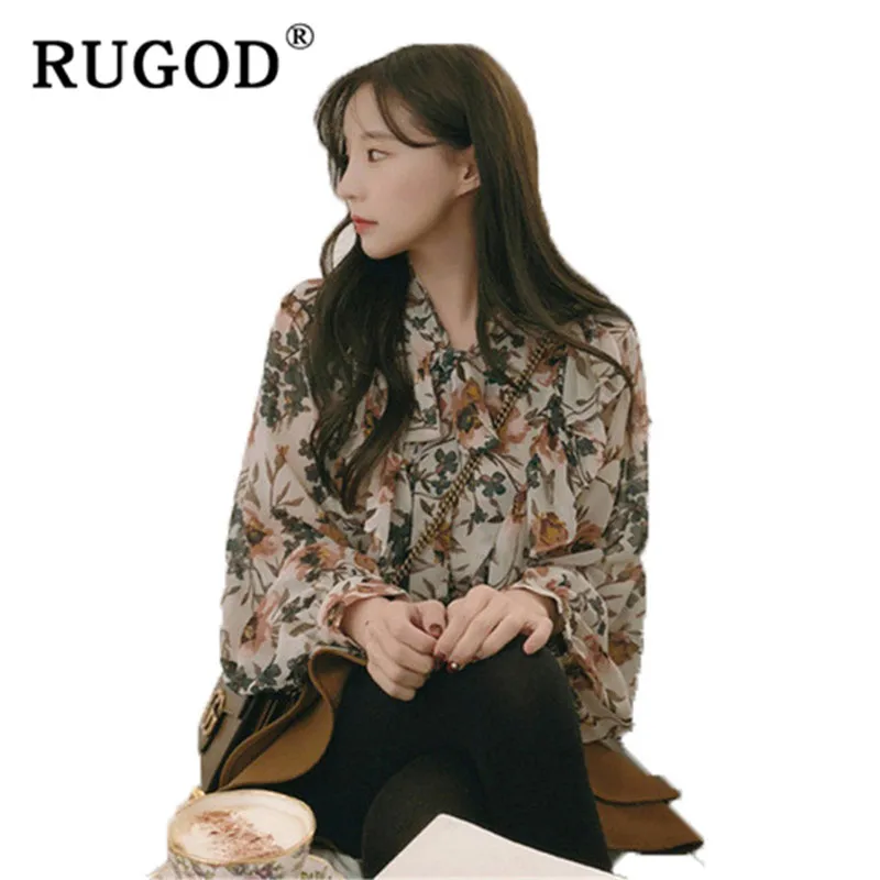 

RUGOD Bow Floral Printed Blouses Women Fashion lantern sleeve Chiffon Lady Office wear Elegant women shirts Korean dames kleding