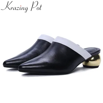 

Kazing Pot handmade luxury sheep leather slip on mules oxford pointed toe metal med heels elegant lady party women pumps L46