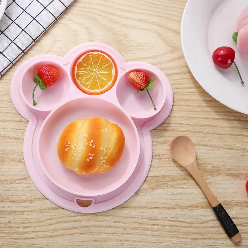 Babys Dinner Plate Portable Bear Paw Dinner Plate Feeding Bowls Tableware with Hanging Hole for Children Babies and Kids BPA Free FDA Approved Baby Dinner Plate Silicone Divided Toddler Plates