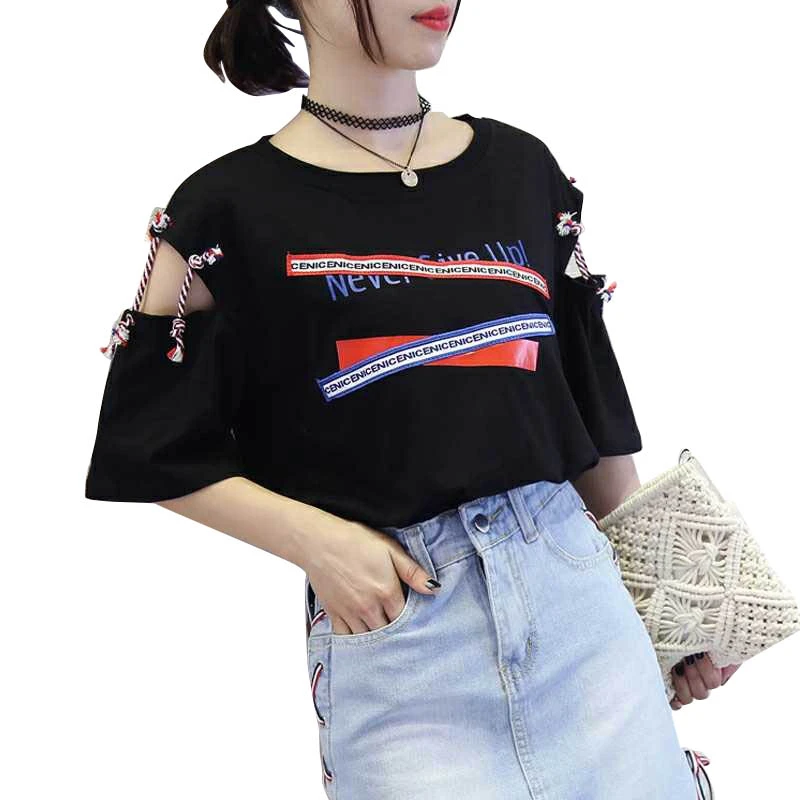 

Women Letter Printed Shirt Summer Bandage Tees Short Sleeve Tops Hollow out Sleeve T-Shirts