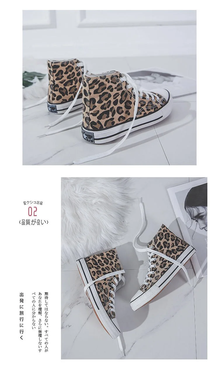 Vangull Women Flats Leopard Lace Up Comfort Shoes Ladies Canvas Vulcanized Shoes Female Sneakers Fashion Casual Platform Shoes