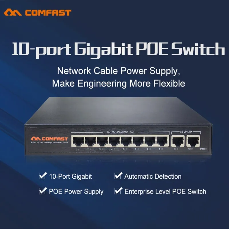 

New 10 ports Gigabit POE switch COMFAST network switch with 20Gbps Broad width 10*10/100/1000Mbps POE power supply RJ45 port